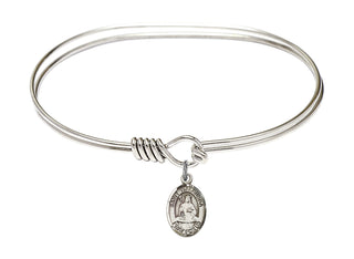 7 inch Oval Eye Hook Rhodium Bangle Bracelet with a Sterling Silver Saint Walburga charm. Engraved Catholic Saint Jewelry