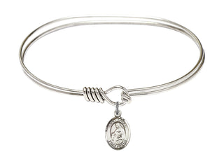 7 inch Oval Eye Hook Rhodium Bangle Bracelet with a Sterling Silver Saint Agnes of Rome charm. Engraved Catholic Saint Jewelry