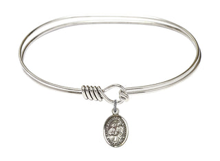 7 inch Oval Eye Hook Rhodium Bangle Bracelet with a Sterling Silver Sts. Cosmas & Damian charm. Engraved Catholic Saint Jewelry