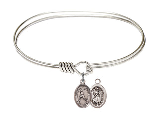 7 inch Oval Eye Hook Rhodium Bangle Bracelet with a Sterling Silver Saint Christopher/Baseball charm.