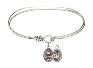 7 inch Oval Eye Hook Rhodium Bangle Bracelet with a Sterling Silver Saint Christopher/Swimming charm.