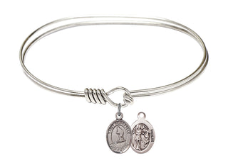 7 inch Oval Eye Hook Rhodium Bangle Bracelet with a Sterling Silver Saint Sebastian/Skiing charm.
