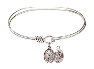 7 inch Oval Eye Hook Rhodium Bangle Bracelet with a Sterling Silver Saint Sebastian/Cheerleading charm.