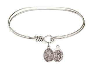7 inch Oval Eye Hook Rhodium Bangle Bracelet with a Sterling Silver Saint Sebastian/Wrestling charm.