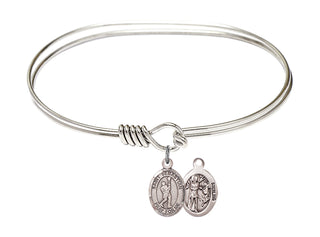 7 inch Oval Eye Hook Rhodium Bangle Bracelet with a Sterling Silver Saint Sebastian/Lacrosse charm.