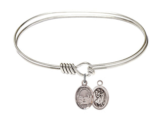 7 inch Oval Eye Hook Rhodium Bangle Bracelet with a Sterling Silver Saint Sebastian / Fishing charm.