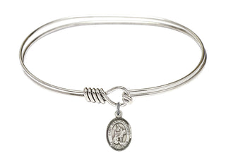 7 inch Oval Eye Hook Rhodium Bangle Bracelet with a Sterling Silver Saint Martin of Tours charm. Engraved Catholic Saint Jewelry