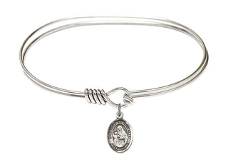 7 inch Oval Eye Hook Rhodium Bangle Bracelet with a Sterling Silver Saint Madonna Del Ghisallo charm. Engraved Catholic Saint Jewelry