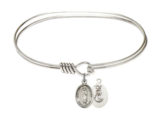 7 inch Oval Eye Hook Rhodium Bangle Bracelet with a Sterling Silver Our Lady of Guadalupe charm. Engraved Catholic Saint Jewelry