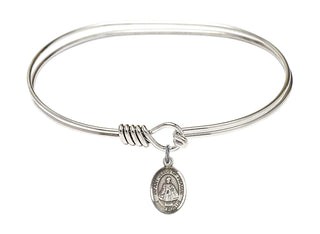 7 inch Oval Eye Hook Rhodium Bangle Bracelet with a Sterling Silver Infant of Prague charm. Engraved Catholic Saint Jewelry