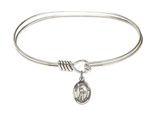 7 inch Oval Eye Hook Rhodium Bangle Bracelet with a Sterling Silver Saint Petronilla charm. Engraved Catholic Saint Jewelry