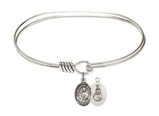 7 inch Oval Eye Hook Rhodium Bangle Bracelet with a Sterling Silver Our Lady of Mount Carmel charm.