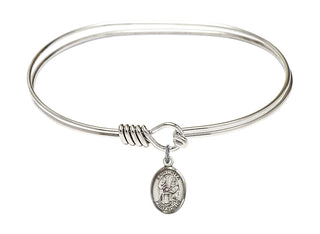 7 inch Oval Eye Hook Rhodium Bangle Bracelet with a Sterling Silver Saint Zita charm. Engraved Catholic Saint Jewelry