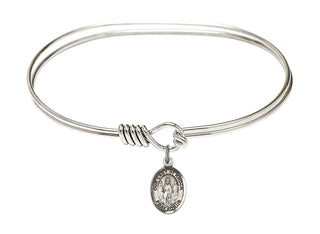7 inch Oval Eye Hook Rhodium Bangle Bracelet with a Sterling Silver Our Lady of Knock charm. Engraved Catholic Saint Jewelry