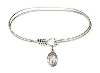 7 inch Oval Eye Hook Rhodium Bangle Bracelet with a Sterling Silver Saint Hildegard von Bingen charm. Engraved Catholic Saint Jewelry