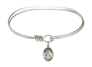 7 inch Oval Eye Hook Rhodium Bangle Bracelet with a Sterling Silver Saint Remigius of Reims charm. Engraved Catholic Saint Jewelry