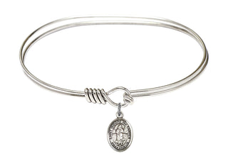7 inch Oval Eye Hook Rhodium Bangle Bracelet with a Sterling Silver Saint Isidore the Farmer charm. Engraved Catholic Saint Jewelry