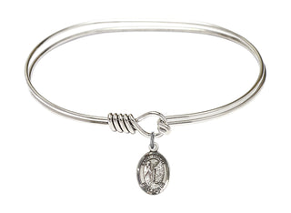 7 inch Oval Eye Hook Rhodium Bangle Bracelet with a Sterling Silver Saint Fiacre charm. Engraved Catholic Saint Jewelry