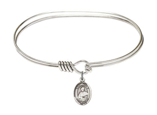 7 inch Oval Eye Hook Rhodium Bangle Bracelet with a Sterling Silver Saint Pius X charm. Engraved Catholic Saint Jewelry