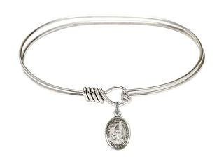 7 inch Oval Eye Hook Rhodium Bangle Bracelet with a Sterling Silver St Elizabeth of the Visitation charm. Engraved Catholic Saint Jewelry