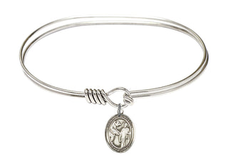 7 inch Oval Eye Hook Rhodium Bangle Bracelet with a Sterling Silver Saint Columbanus charm. Engraved Catholic Saint Jewelry