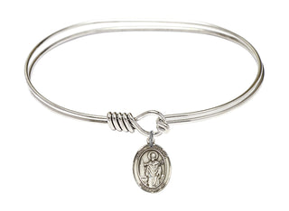 7 inch Oval Eye Hook Rhodium Bangle Bracelet with a Sterling Silver Saint Wolfgang charm. Engraved Catholic Saint Jewelry