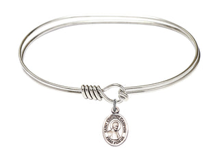 7 inch Oval Eye Hook Rhodium Bangle Bracelet with a Sterling Silver Saint Edmund Campion charm. Engraved Catholic Saint Jewelry