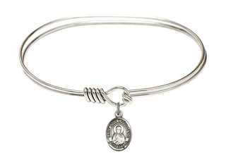 7 inch Oval Eye Hook Rhodium Bangle Bracelet with a Sterling Silver Saint John Chrysostom charm. Engraved Catholic Saint Jewelry