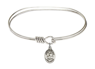7 inch Oval Eye Hook Rhodium Bangle Bracelet with a Sterling Silver Saint John Licci charm. Engraved Catholic Saint Jewelry