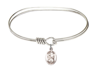 7 inch Oval Eye Hook Rhodium Bangle Bracelet with a Sterling Silver Saint Fina charm. Engraved Catholic Saint Jewelry