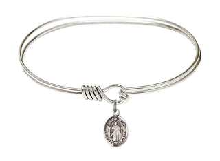 7 inch Oval Eye Hook Rhodium Bangle Bracelet with a Sterling Silver Divine Mercy charm.