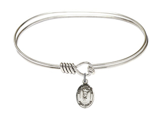 7 inch Oval Eye Hook Rhodium Bangle Bracelet with a Sterling Silver Saint Philip Neri charm.