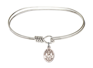 7 inch Oval Eye Hook Rhodium Bangle Bracelet with a Sterling Silver Saint Andrew Kim Taegon charm. Engraved Catholic Saint Jewelry