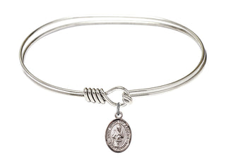 7 inch Oval Eye Hook Rhodium Bangle Bracelet with a Sterling Silver Saint Simon the Apostle charm. Engraved Catholic Saint Jewelry