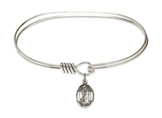 7 inch Oval Eye Hook Rhodium Bangle Bracelet with a Sterling Silver Saint Rocco charm. Engraved Catholic Saint Jewelry