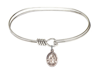 7 inch Oval Eye Hook Rhodium Bangle Bracelet with a Sterling Silver Saint Raymond of Penafort charm. Engraved Catholic Saint Jewelry