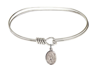 7 inch Oval Eye Hook Rhodium Bangle Bracelet with a Sterling Silver Our Lady of Assumption charm. Engraved Catholic Saint Jewelry