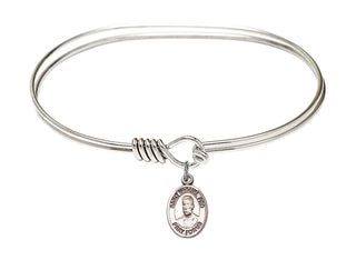 7 inch Oval Eye Hook Rhodium Bangle Bracelet with a Sterling Silver Blessed Miguel Pro charm. Engraved Catholic Saint Jewelry