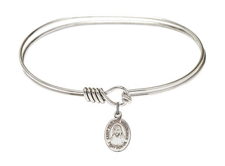 7 inch Oval Eye Hook Rhodium Bangle Bracelet with a Sterling Silver Saint Pauline Visintainer charm. Engraved Catholic Saint Jewelry