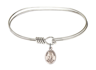 7 inch Oval Eye Hook Rhodium Bangle Bracelet with a Sterling Silver Saint Nathanael charm. Engraved Catholic Saint Jewelry