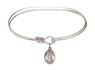 7 inch Oval Eye Hook Rhodium Bangle Bracelet with a Sterling Silver Saint Seraphina charm. Engraved Catholic Saint Jewelry