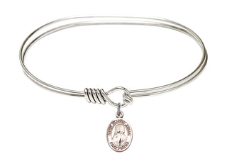 7 inch Oval Eye Hook Rhodium Bangle Bracelet with a Sterling Silver Saint Jeanne Jugan charm. Engraved Catholic Saint Jewelry