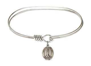 7 inch Oval Eye Hook Rhodium Bangle Bracelet with a Sterling Silver Our Lady of Kibeho charm. Engraved Catholic Saint Jewelry