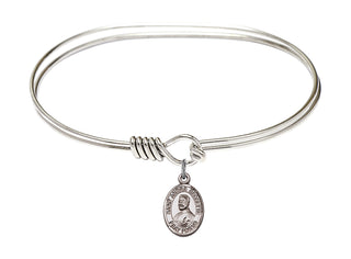 7 inch Oval Eye Hook Rhodium Bangle Bracelet with a Sterling Silver Saint Andre Bessette charm. Engraved Catholic Saint Jewelry