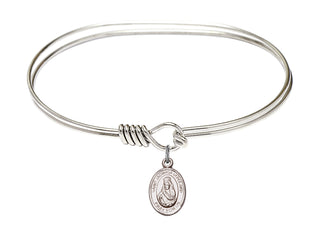 7 inch Oval Eye Hook Rhodium Bangle Bracelet with a Sterling Silver Saint Jadwiga of Poland charm. Engraved Catholic Saint Jewelry