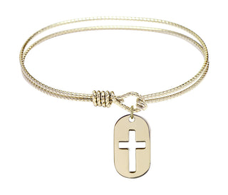 7 1/4 inch Oval Eye Hook Hamilton Gold Bangle Bracelet with a 14kt Gold Filled Cross Dog Tag charm.