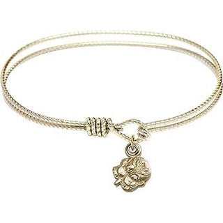 7 1/4 inch Oval Eye Hook Hamilton Gold Bangle Bracelet with a 14kt Gold Filled Rosebud charm.