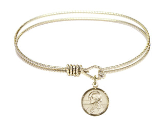 7 1/4 inch Oval Eye Hook Hamilton Gold Bangle Bracelet with a 14kt Gold Filled Scapular charm. Engraved Catholic Saint Jewelry