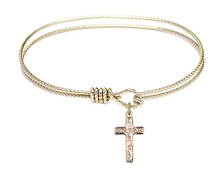 7 1/4 inch Oval Eye Hook Hamilton Gold Bangle Bracelet with a 14kt Gold Filled Cross charm.