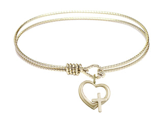 7 1/4 inch Oval Eye Hook Hamilton Gold Bangle Bracelet with a 14kt Gold Filled Heart / Cross charm.
